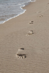 Footprints in the sand, beautiful sandy tropical beach, background with footsteps on the shore.