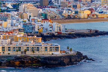Las Palmas de Gran Canaria, Spain - 17. April 2023:  Aerial view on the beach Las Canterals and the city Las Palmas de Gran Canaria, Spain. - obrazy, fototapety, plakaty