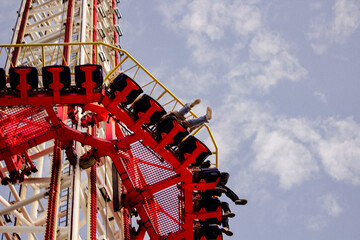 Rest in the amusement park. Attraction Power Tower. Free fall. Entertainment and adrenaline. Flight...