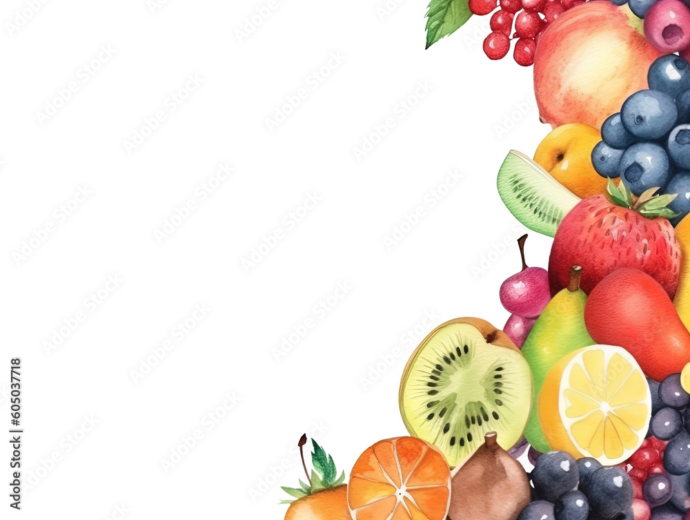 Wall mural variety of fresh fruits as a frame border, copyspace, generative ai