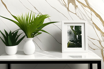 Premium luxury marble table top with tropical plant in vase and photo frame