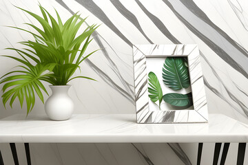 Luxury marble table top with tropical plant in vase and photo frame