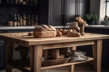 Fototapeta na wymiar Upscale wooden kitchen table with bread holder and space for editing against blurry contemporary kitchen backdrop. Generative AI