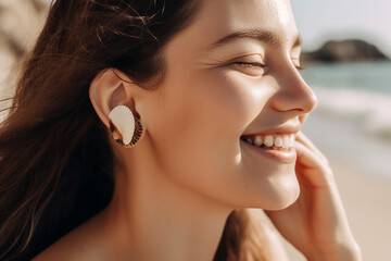 Fototapeta premium Happy young woman on the beach. Generative AI