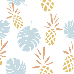 Tropical pineapples, monstera palm leaves, white background. Vector seamless pattern. Exotic plants and fruits. Floral illustration. Graphic silhouettes