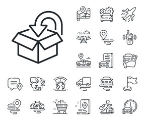 Fototapeta premium Delivery box sign. Plane, supply chain and place location outline icons. Return package line icon. Logistic service symbol. Return package line sign. Taxi transport, rent a bike icon. Vector