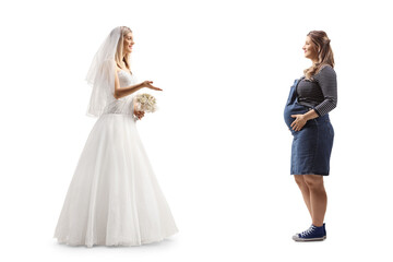 Full length profile shot of a bride talking to a pregnant woman