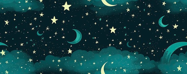 Obraz na płótnie Canvas a horizontal night sky with stars and moons, a horizontal background pattern, and Nature-themed, , photorealistic illustrations in a JPG. Generative AI