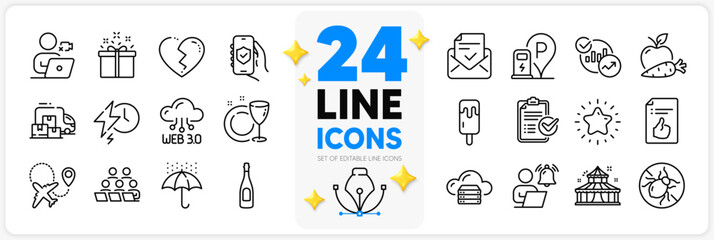Icons set of Broken heart, Charging station and Apple carrot line icons pack for app with Video conference, Cloud server, Dish plate thin outline icon. Airplane, Survey checklist. Vector