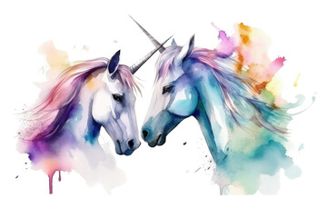unicorns in colorful watercolor style, copyspace, generative ai