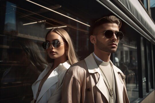 Couple Of Fashion And Stylish Young Models In Sunglasses Posing On NY Streets During Sunlight. Generative Ai