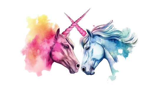 unicorns in colorful watercolor style, copyspace, generative ai