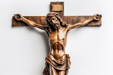 Wooden Christian crucifix of Jesus Christ isolated. AI