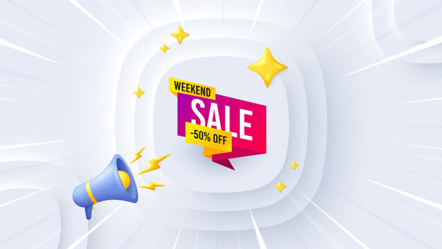 Weekend sale 50 percent off banner. Neumorphic offer 3d banner, poster. Discount sticker shape. Hot offer icon. Weekend sale promo event background. Sunburst banner, flyer or coupon. Vector