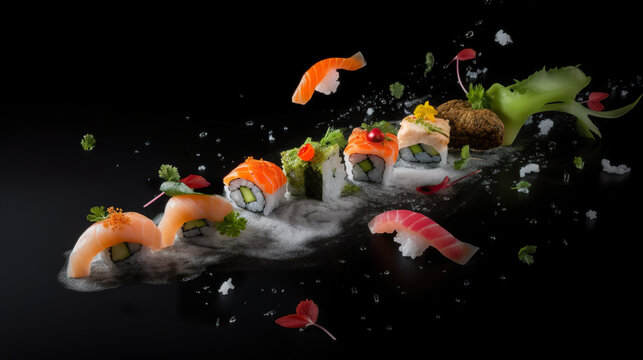 Fresh sushi flying in the air, black gradient background. Sushi maki pieces flying in air japanese food. Realistic 3D illustration. Generative AI