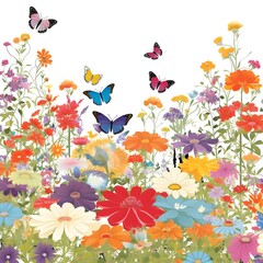 Fototapeta na wymiar seamless clip art illustration of A garden bursting with colorful flowers, with a white background over the beds and butterflies flitting.