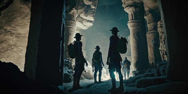 Close up movie still of a group of explorers finding ancient abandoned temple inside a huge cavern. Generative AI AIG16.