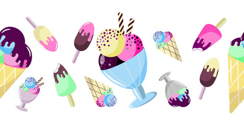 Seamless border of various ice creams on a white background. Isolated vector illustration.