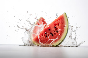 Watermelon and water splash isolated on white. Ripe watermelon slices and splashes. Fresh watermelon falling in water. Realistic 3D illustration. Generative AI