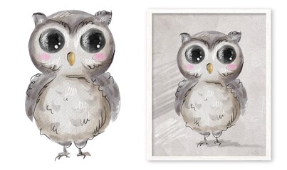 cute owl with big eyes hand drawn texture pencil charcoal sketch