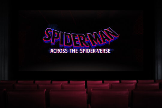 Spider-Man Across the Spider-Verse movie in the cinema. Watching a movie in the cinema. Astana, Kazakhstan - May 15, 2023.