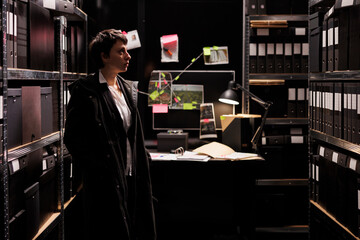 Fototapeta premium Private detective working late at night at confidential case, reviewing suspect report in arhive room. Investigator in formal suit discovery fraud evidence. Criminology department concept