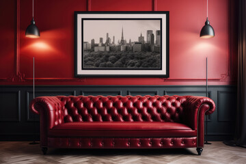 Leather chester sofa in a red lounge room or cafe with the black picture frame. home decor, panoramic. AI