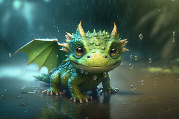 Fototapeta premium a small, cute green dragon walks through puddles in the rain. autumn, spring or summer season. AI Generative