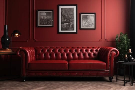 Leather chester sofa in a red lounge room or cafe with the black picture frame. home decor, panoramic. AI