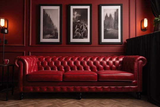 Leather chester sofa in a red lounge room or cafe with the black picture frame. home decor, panoramic. AI