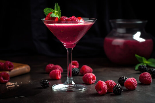 Colorful cocktails garnished with berries. martini glass decorated with raspberries and blueberries. ai generative