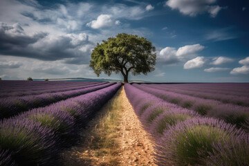 Fototapeta na wymiar Provence - tree in the beautiful lavender field. AI