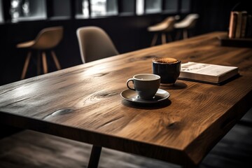 Obraz na płótnie Canvas Wooden table or desk with open space for display in coffee shop or office setting. Generative AI