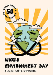 Happy world environment day, earth day design set. Trendy vintage lettering, retro background concept collection. Eco modern poster or card in groovy retro cartoon style, ecology elements. Isolated