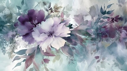 a wallpaper with pink flowers and leaves, in the style of light violet and dark aquamarine, only monochromatic tones, watercolor wash, beige + blue, pastoral charm, flowing, Generative AI