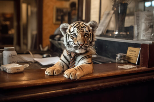 Baby tiger as a business novice on the business or bank street. AI