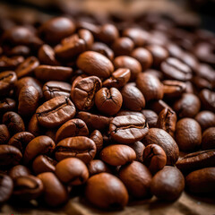 Fototapeta premium Freshly roasted coffee beans. The grains are tightly stacked to each other, filling the frame with their rich, earthy tones. Generative AI