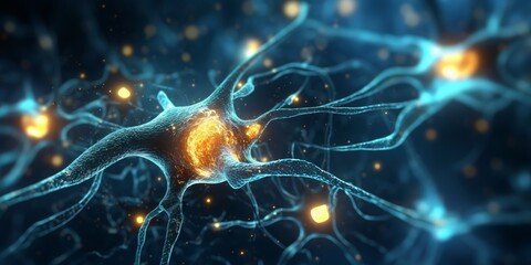 Obraz premium Series of Neurons Are Seen in Blue, Selective Focus, Generative AI
