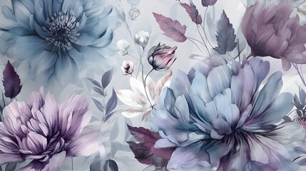 flora wallpapers, floral prints, in light blue and violet, delicate watercolor pattern designs, light magenta and gray, generative AI, illustration