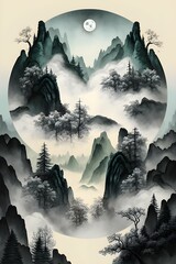 landscape with moon Japanese Sumi-e Painting, Illustration, Generative AI