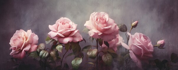 Roses,  pink. Horizontal background, ornate and sublime color arrangement, Nature-themed, photorealistic illustrations in JPG. Generative AI