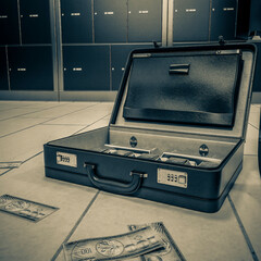 close up on the briefcase in the bank vault that was invaded first person view