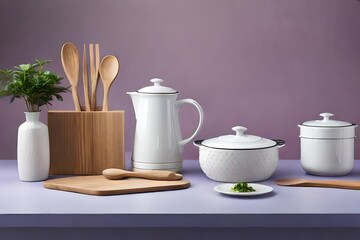 Fototapeta na wymiar White kitchen utensils on the table isolated on lilac background