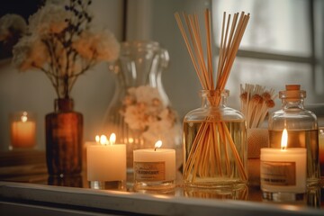 Candles and reed diffusers close up shot. Aromatherapy session. Generative AI - obrazy, fototapety, plakaty