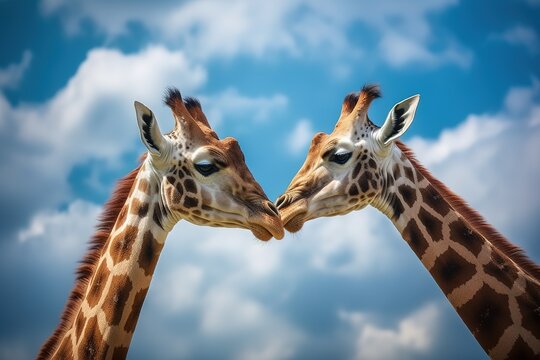 Two giraffes head shot kissing each other with bright blue sky as background. Generative AI