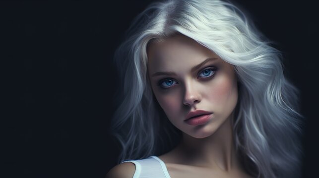 Gorgeous young woman with platinum hair color and blue eyes over dark background. Generative AI