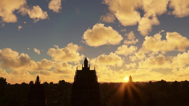 Side aerial drone view at sunset of the Prambanan Temple Compounds; Yogyakarta. Indonesia