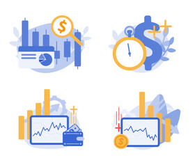 Analytics and data science, financial data management, artificial intelligence. Set of vector illustrations