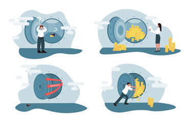 Bank crash. The collapse of the financial market. Credit risk or failure. Set of vector illustrations isolated on white background