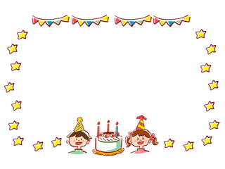Fototapeta premium 誕生日の男の子と女の子の水彩手描き風のフレーム